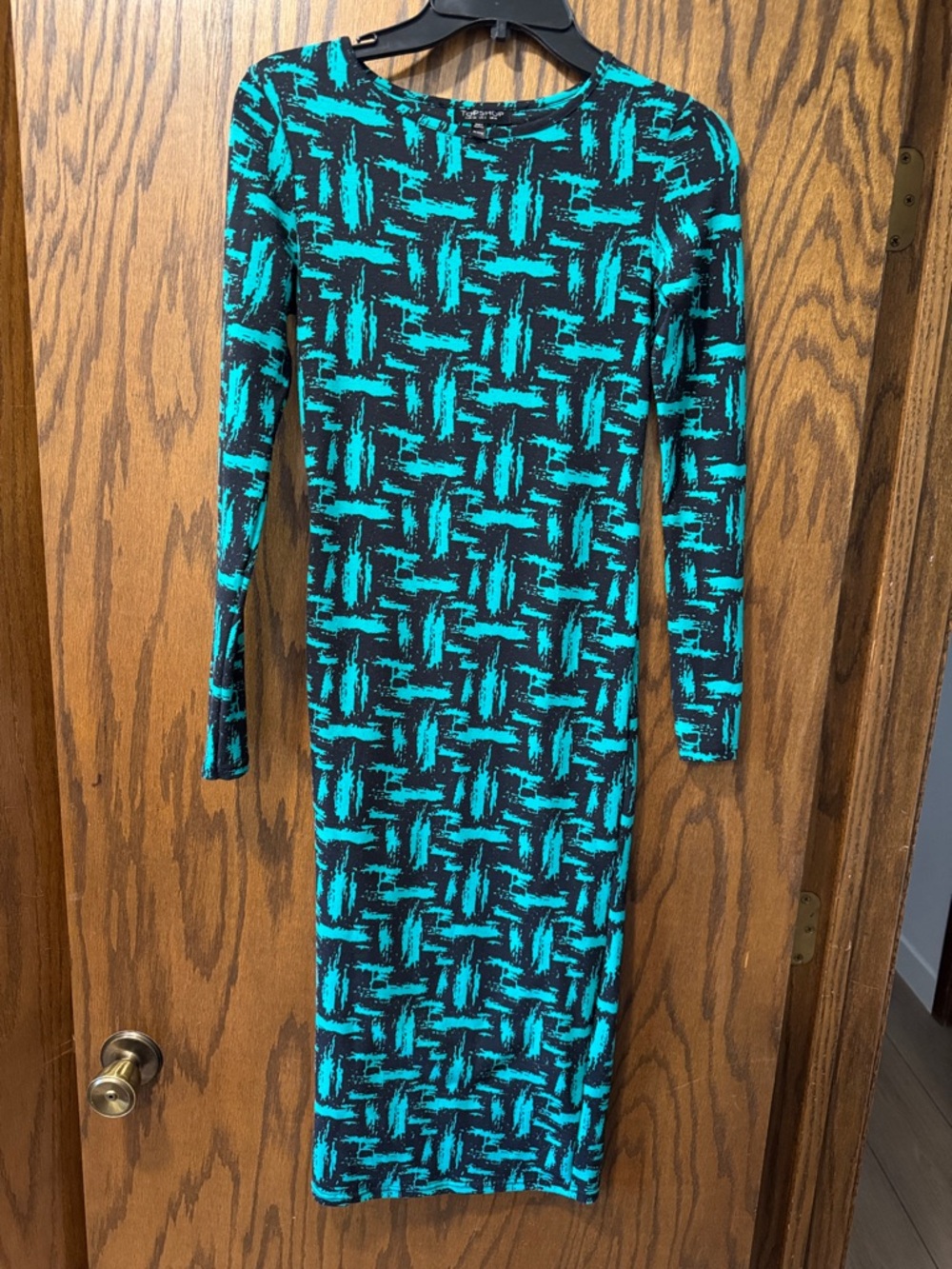 Topshop Black and Teal Long Sleeve Midi Bodycon Dress
